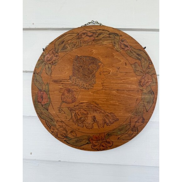 Antique 1907 Flemish Art Pyrography a wood Plaque Woman Profile Flowers